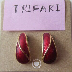 TRIFARI set of Stud Pierced Earrings, Red and  Gold 1" High